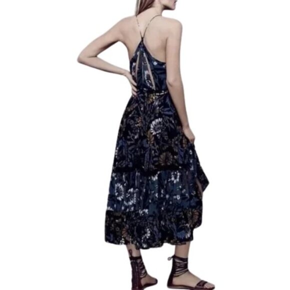 FREE PEOPLE | Pages Of Gold Dark Floral Tiered Maxi Or Midi Dress Boho Flowy M - Picture 2 of 14